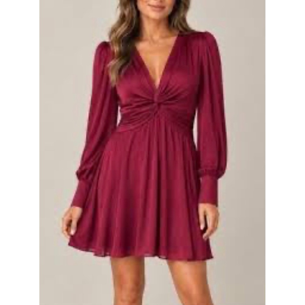 Bardot Claire Twist  A-line Dress Women S Merlot NEW Satin Long Sleeve 53810DB